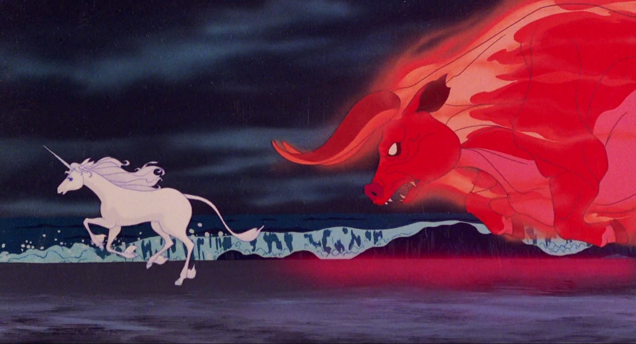 The Last Unicornis one of those ridiculously weird movies that I remember from my childhood, but very few people have seen. But in retrospect, a movie with imagery like a flaming bull chasing a unicorn? It's crazy I haven't used it before.