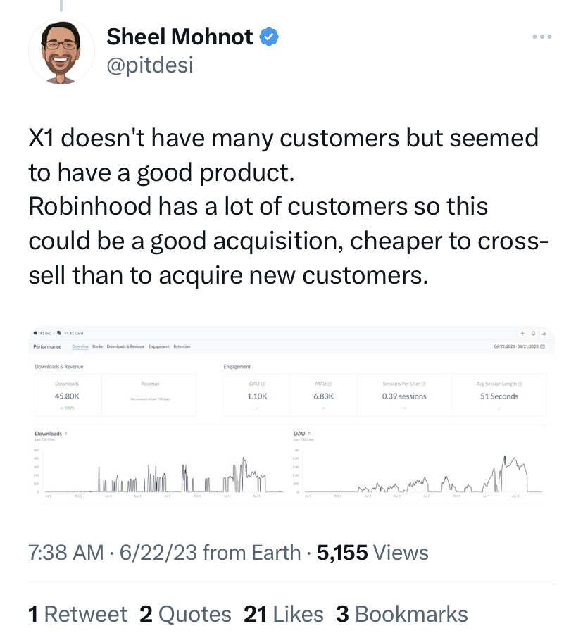 Quote card from Robinhood & X1 section